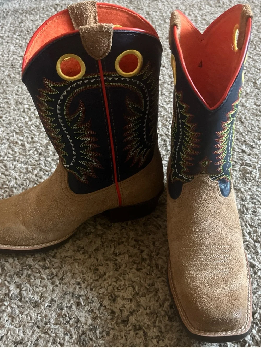 Kids Tan Suede Cowboy Boots with Black Embroidered Shaft